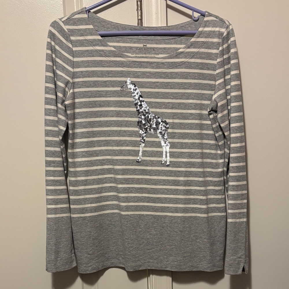 Gray Striped Long Sleeve Top with Giraffe Design